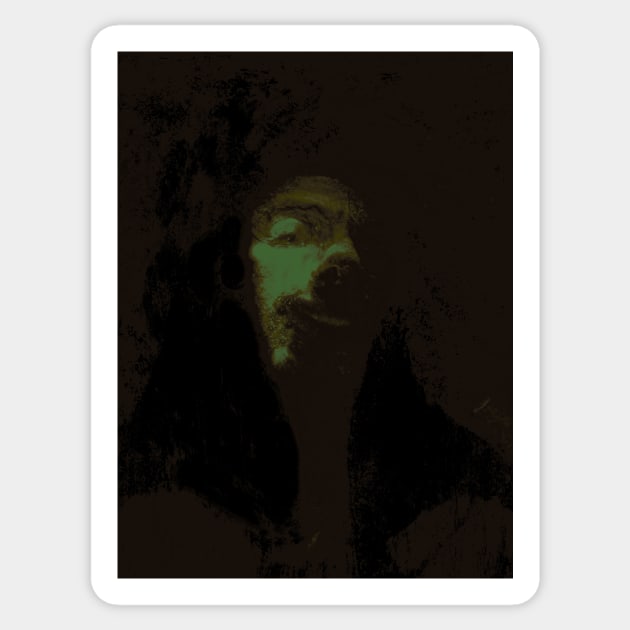 Portrait, digital collage and special processing. Like monk, man, smiling. Head. Weird. Like graffiti. Brown and green. Sticker by 234TeeUser234